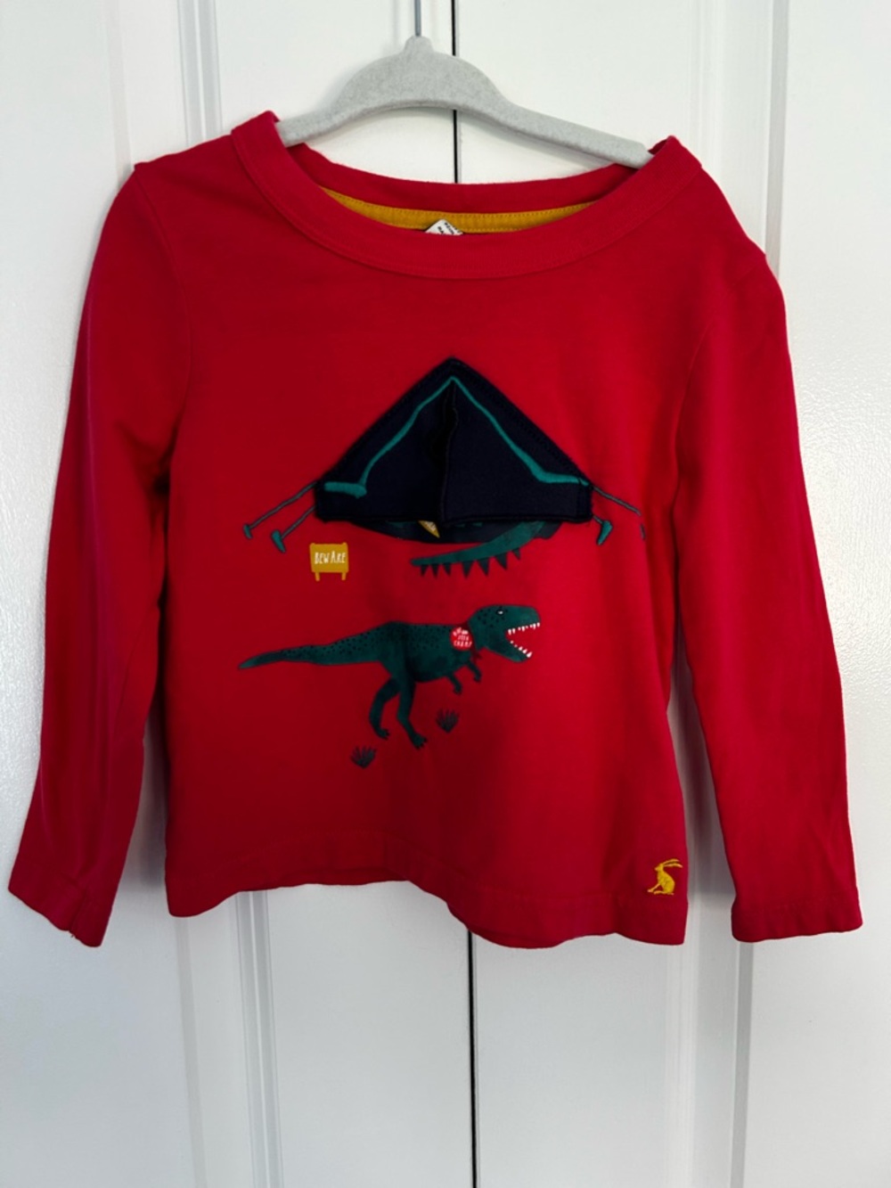 Joules Shire to Shore boys red long sleeve dinosaur top 2T tent opens